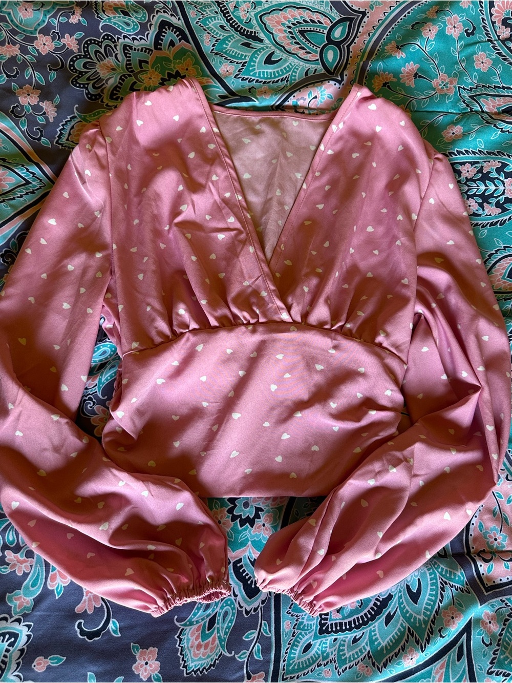 SHEIN Pink Heart-Print V-Neck Long Sleeve Blouse